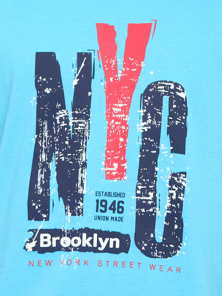 Printed V Neck T-Shirt for Men - Aqua Blue