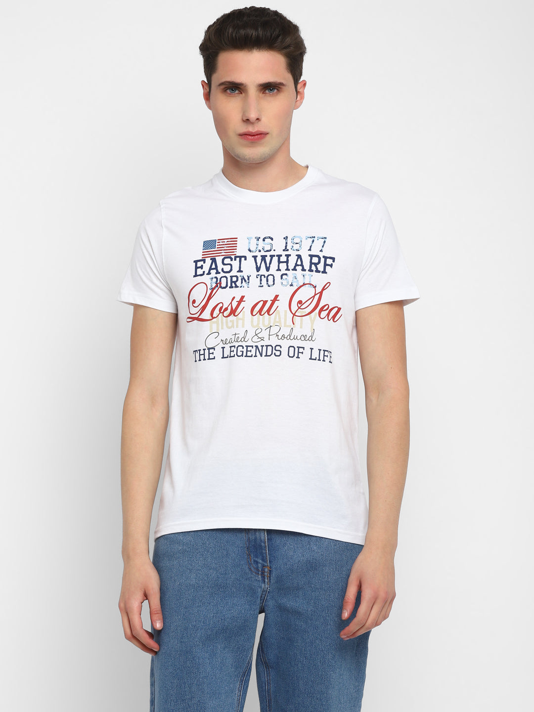 100% Cotton Printed Round Neck T-Shirt for Men - White