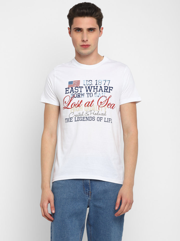 100% Cotton Printed Round Neck T-Shirt for Men - White