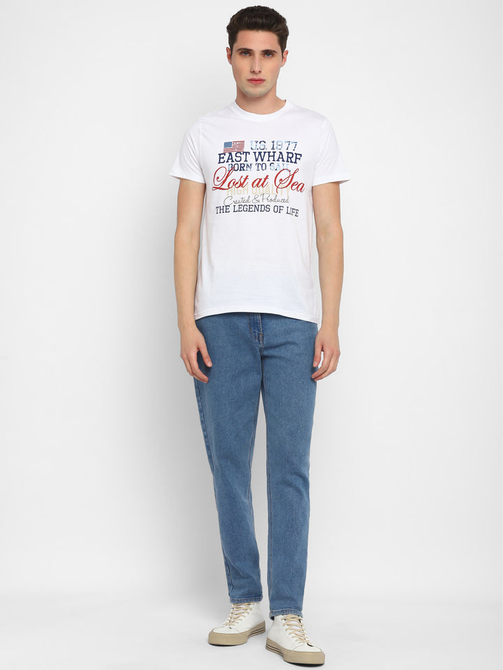 100% Cotton Printed Round Neck T-Shirt for Men - White