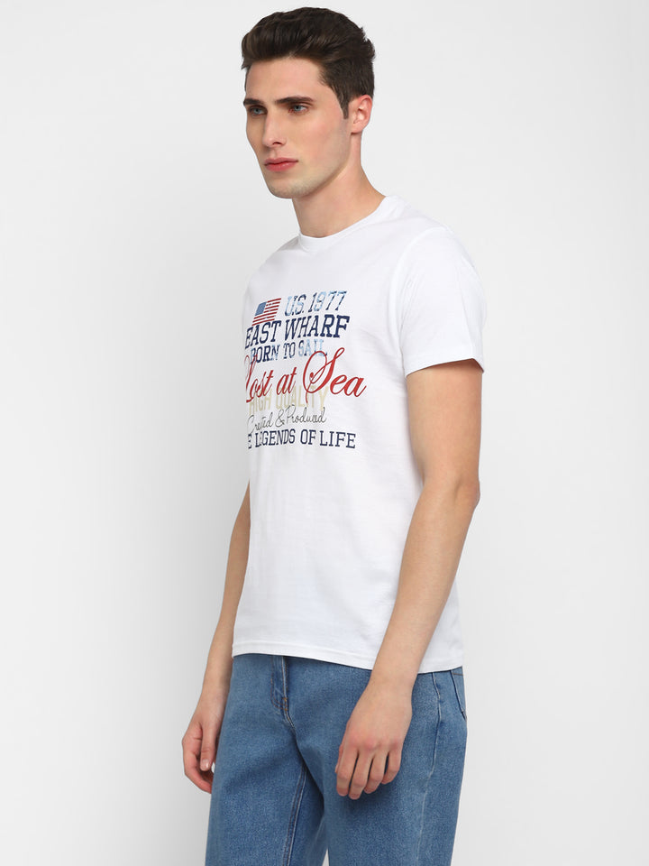 100% Cotton Printed Round Neck T-Shirt for Men - White