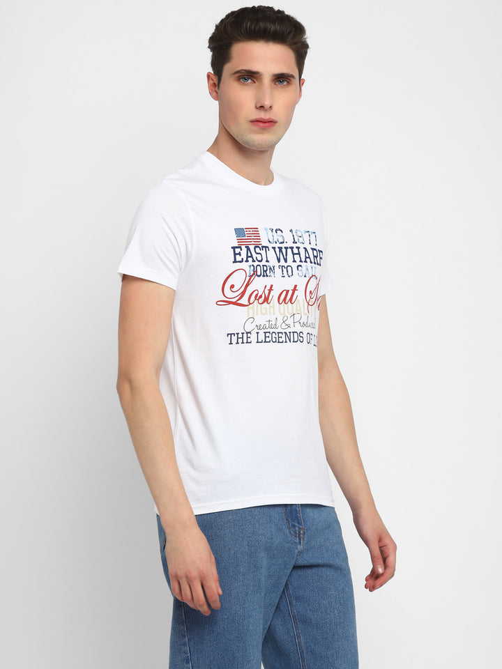 100% Cotton Printed Round Neck T-Shirt for Men - White