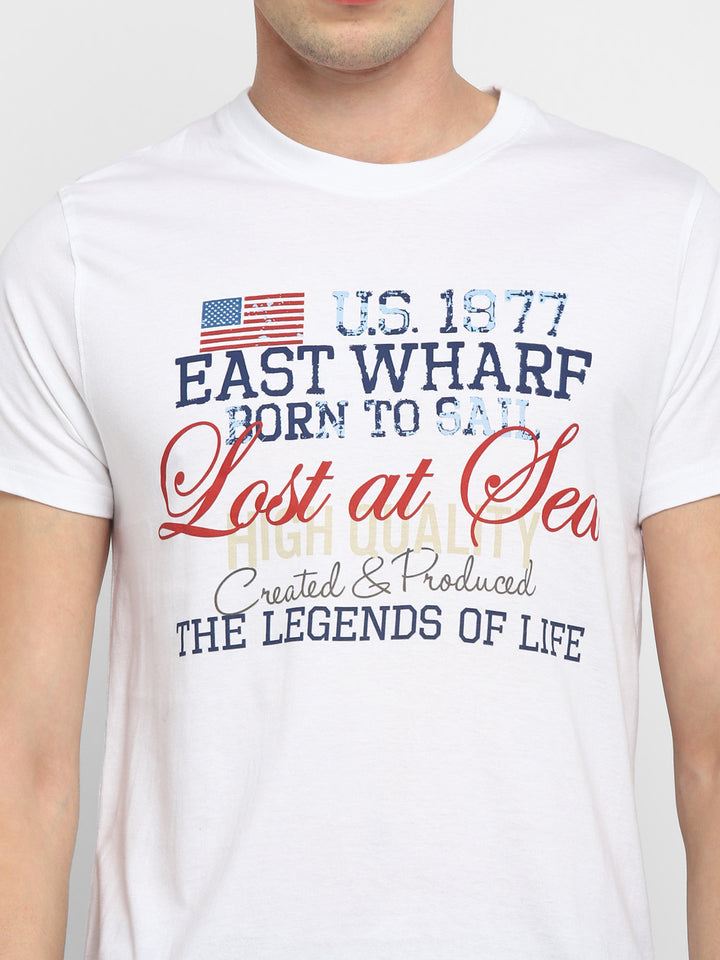 100% Cotton Printed Round Neck T-Shirt for Men - White