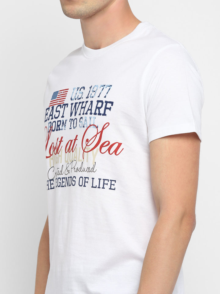100% Cotton Printed Round Neck T-Shirt for Men - White