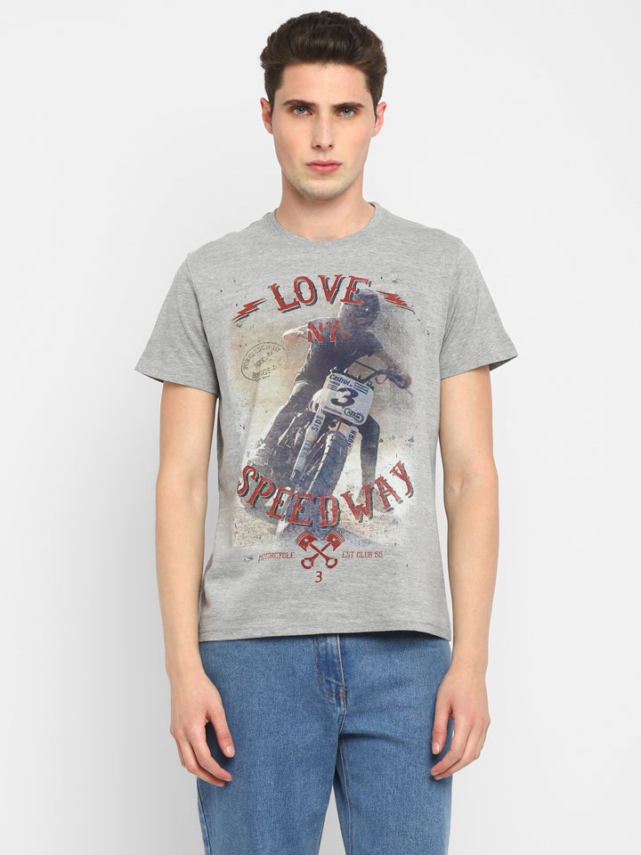 Printed Round Neck T-Shirt for Men - Grey Melange