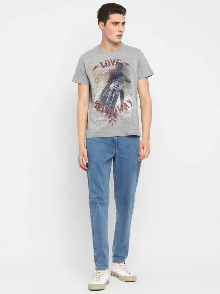 Printed Round Neck T-Shirt for Men - Grey Melange