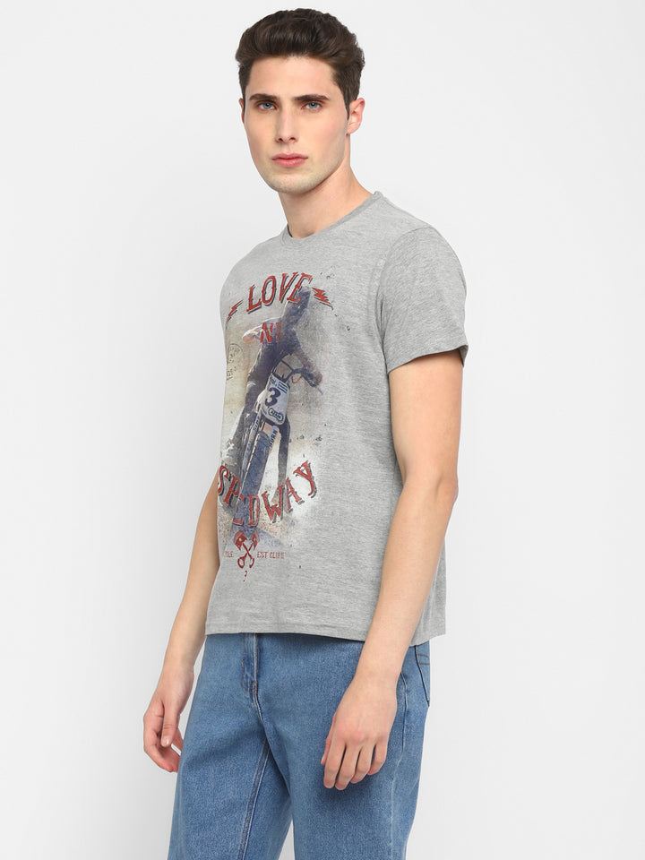 Printed Round Neck T-Shirt for Men - Grey Melange