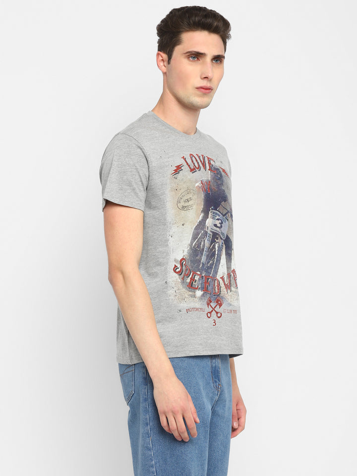 Printed Round Neck T-Shirt for Men - Grey Melange