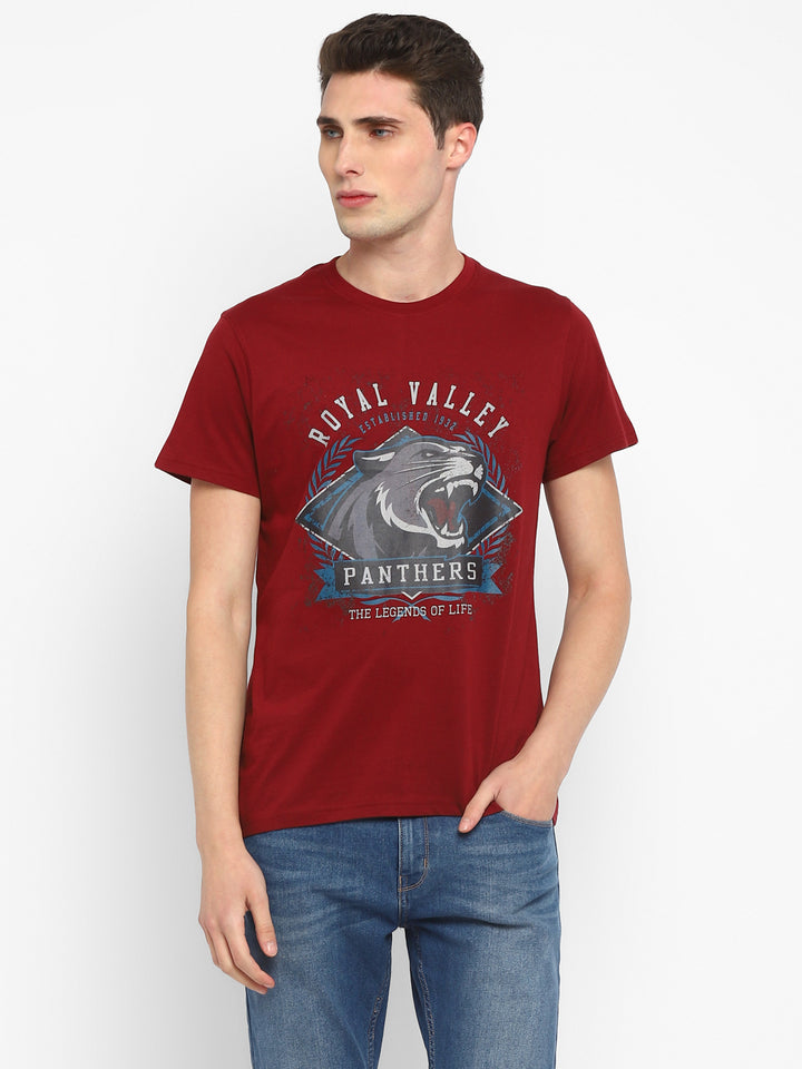 100% Cotton Printed Round Neck T-Shirt for Men - Maroon
