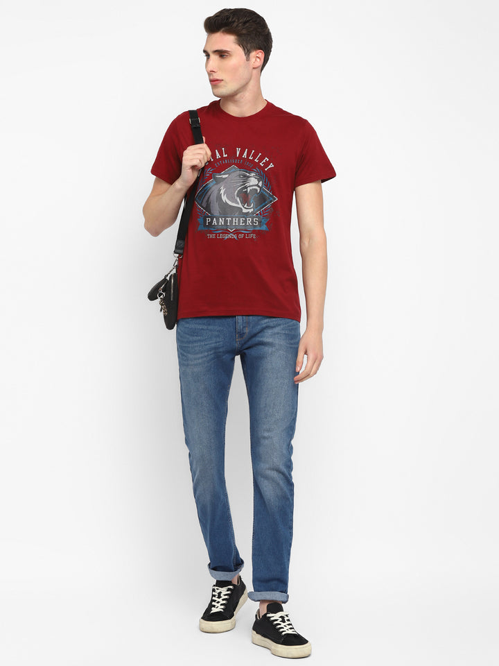 100% Cotton Printed Round Neck T-Shirt for Men - Maroon