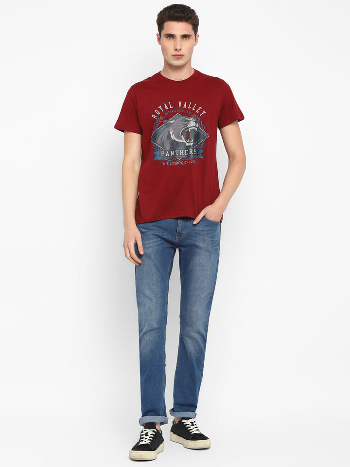 100% Cotton Printed Round Neck T-Shirt for Men - Maroon