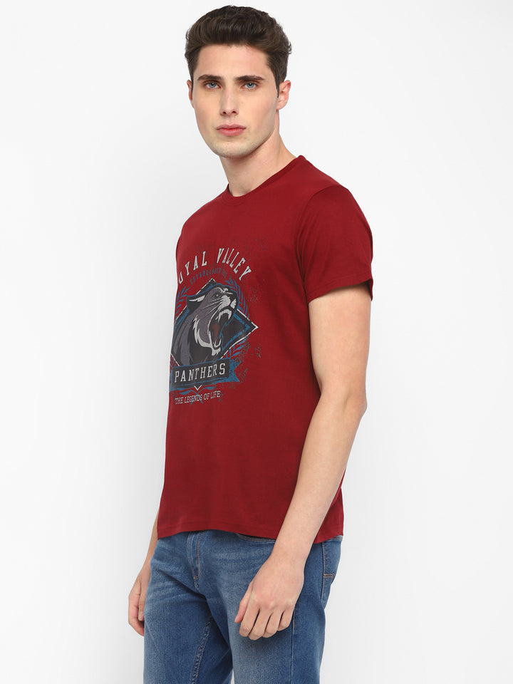 100% Cotton Printed Round Neck T-Shirt for Men - Maroon