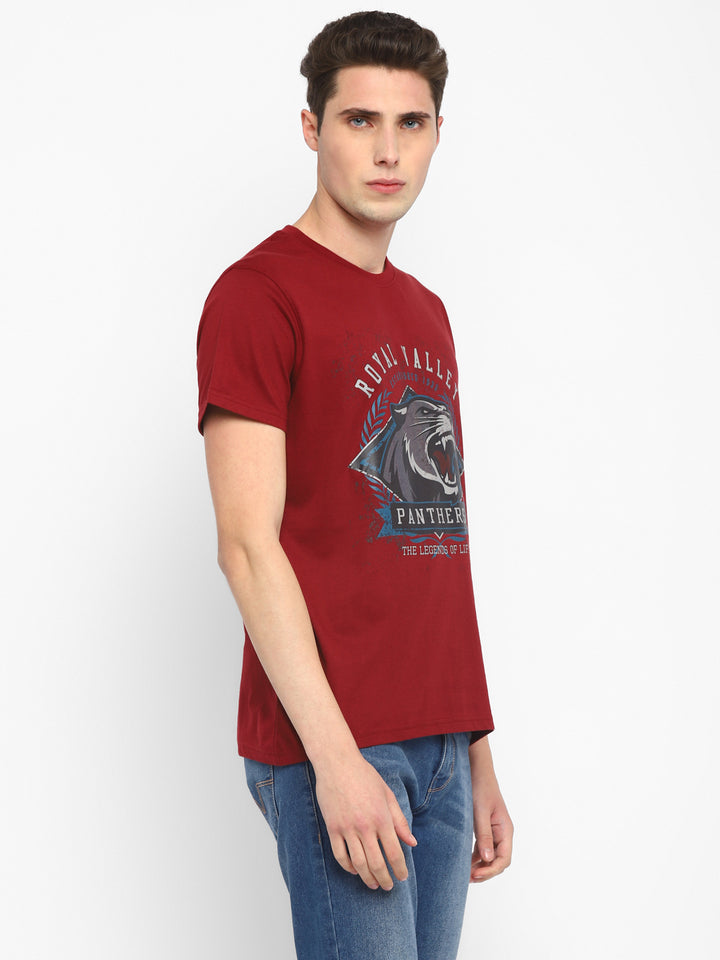 100% Cotton Printed Round Neck T-Shirt for Men - Maroon