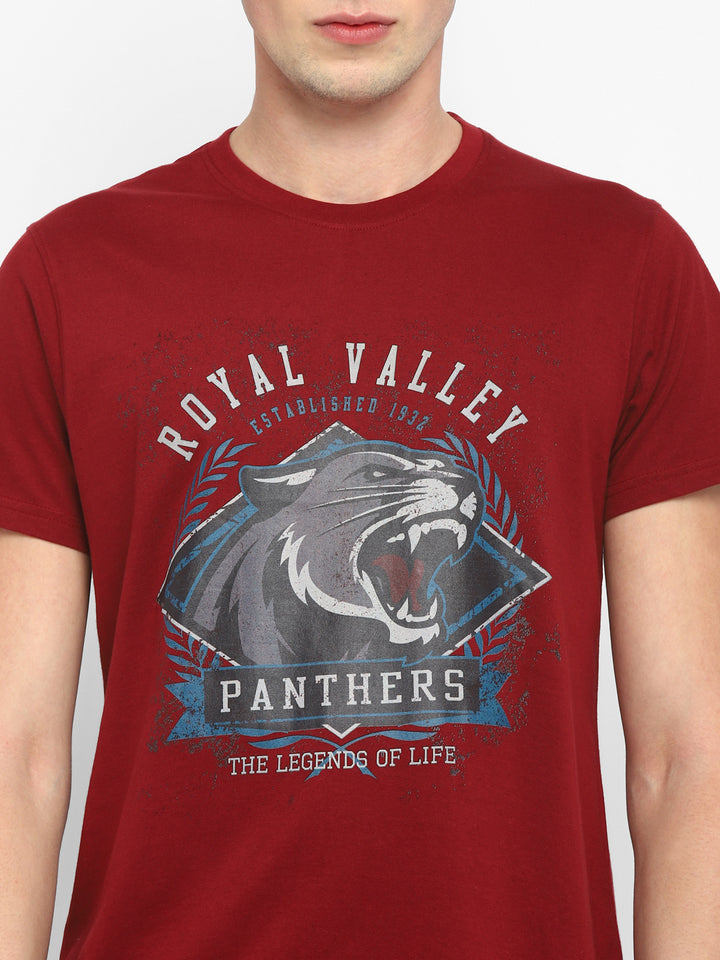 100% Cotton Printed Round Neck T-Shirt for Men - Maroon