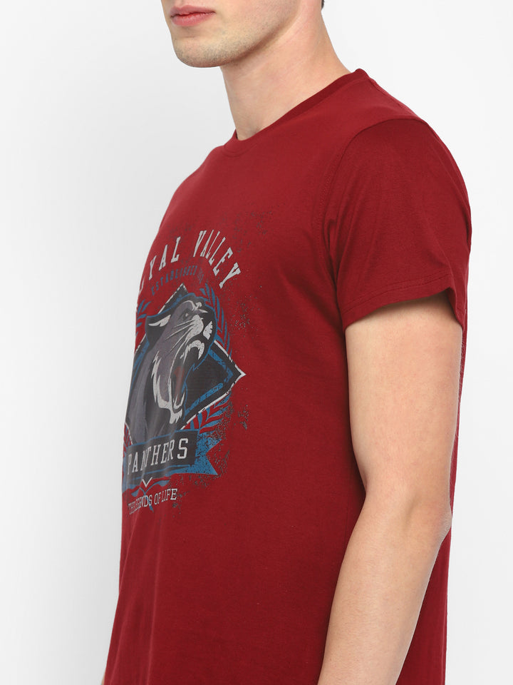 100% Cotton Printed Round Neck T-Shirt for Men - Maroon