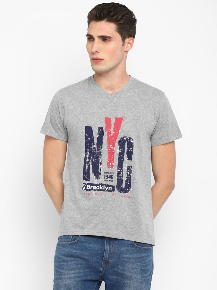 Printed V Neck T-Shirt for Men - Grey Melange