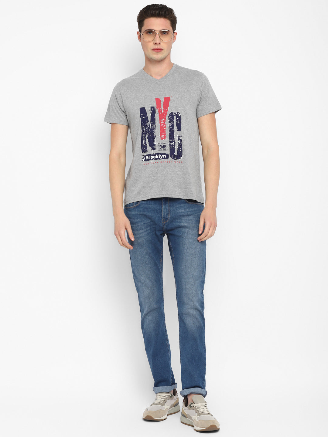 Printed V Neck T-Shirt for Men - Grey Melange