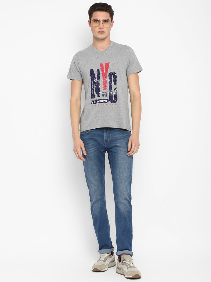 Printed V Neck T-Shirt for Men - Grey Melange