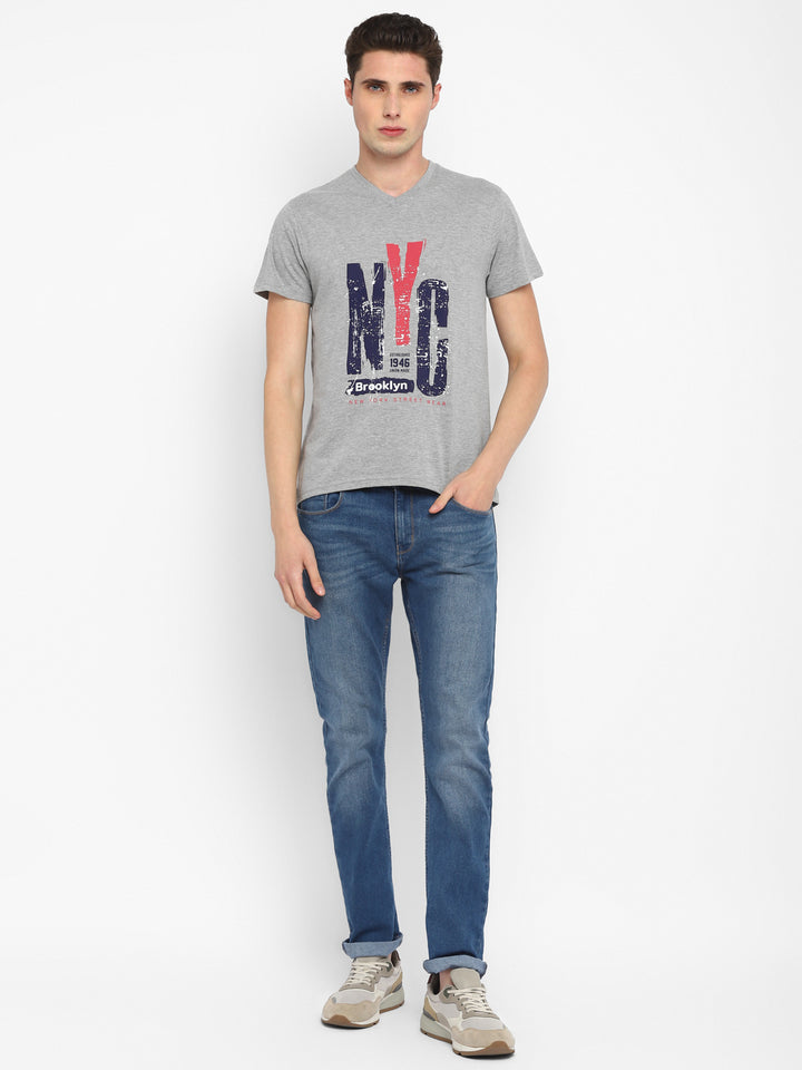 Printed V Neck T-Shirt for Men - Grey Melange
