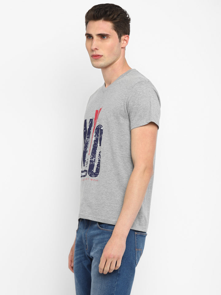 Printed V Neck T-Shirt for Men - Grey Melange