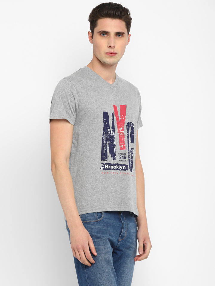 Printed V Neck T-Shirt for Men - Grey Melange