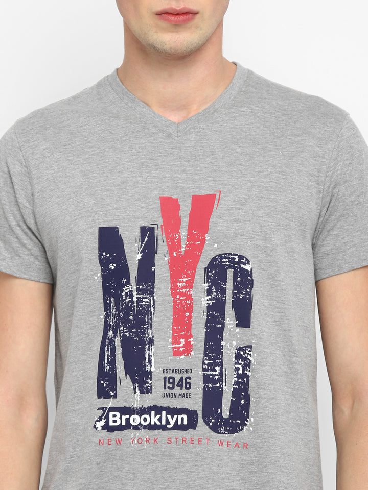 Printed V Neck T-Shirt for Men - Grey Melange