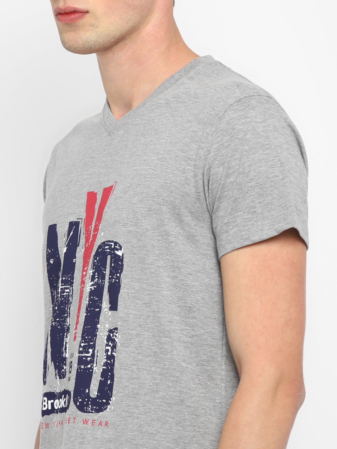 Printed V Neck T-Shirt for Men - Grey Melange