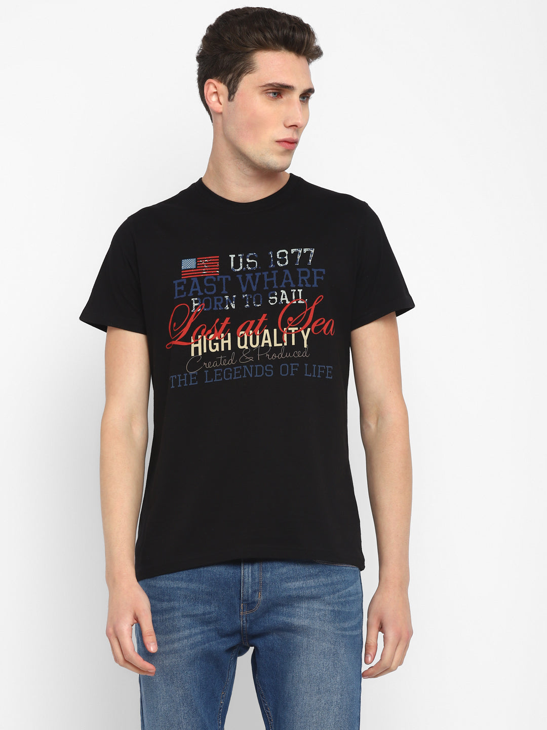 100% Cotton Printed Round Neck T-Shirt for Men - Black