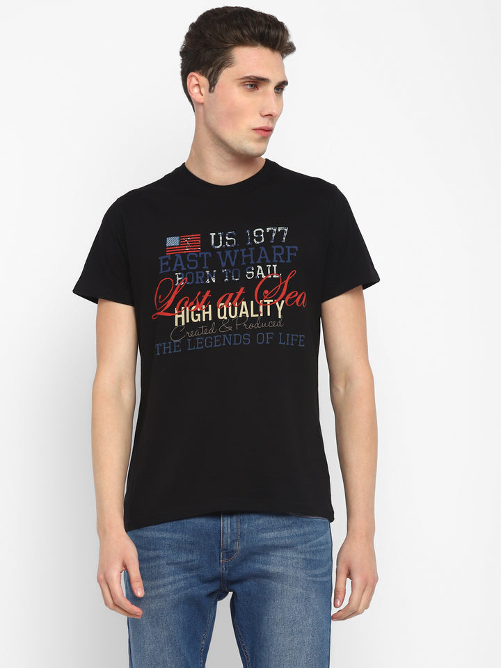 100% Cotton Printed Round Neck T-Shirt for Men - Black