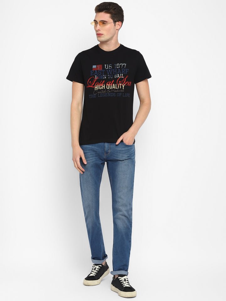 100% Cotton Printed Round Neck T-Shirt for Men - Black
