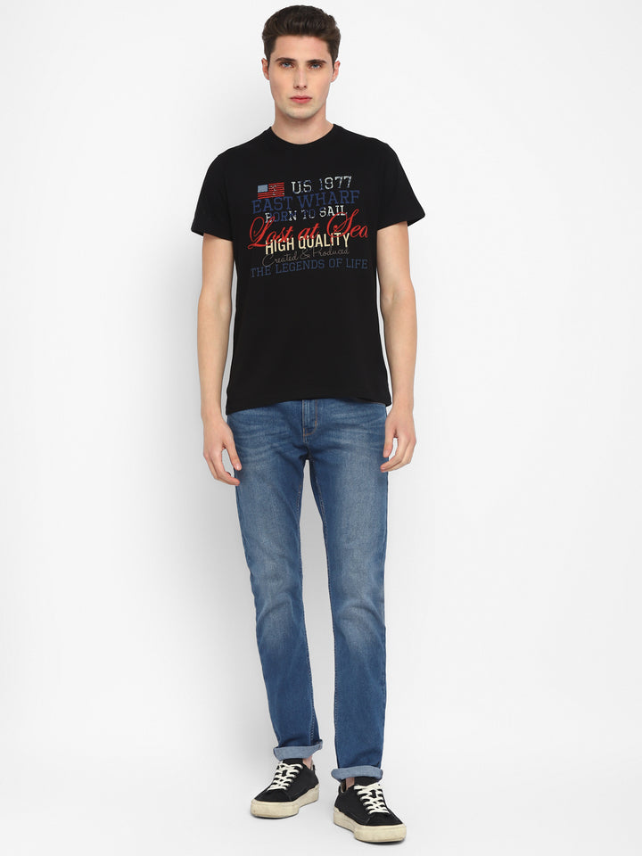 100% Cotton Printed Round Neck T-Shirt for Men - Black