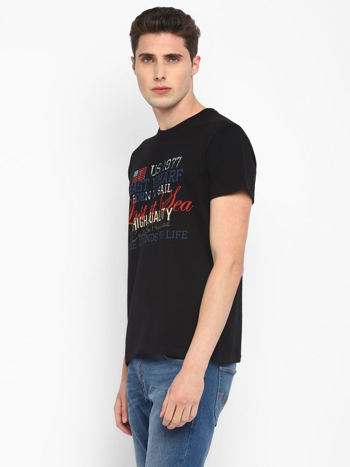 100% Cotton Printed Round Neck T-Shirt for Men - Black