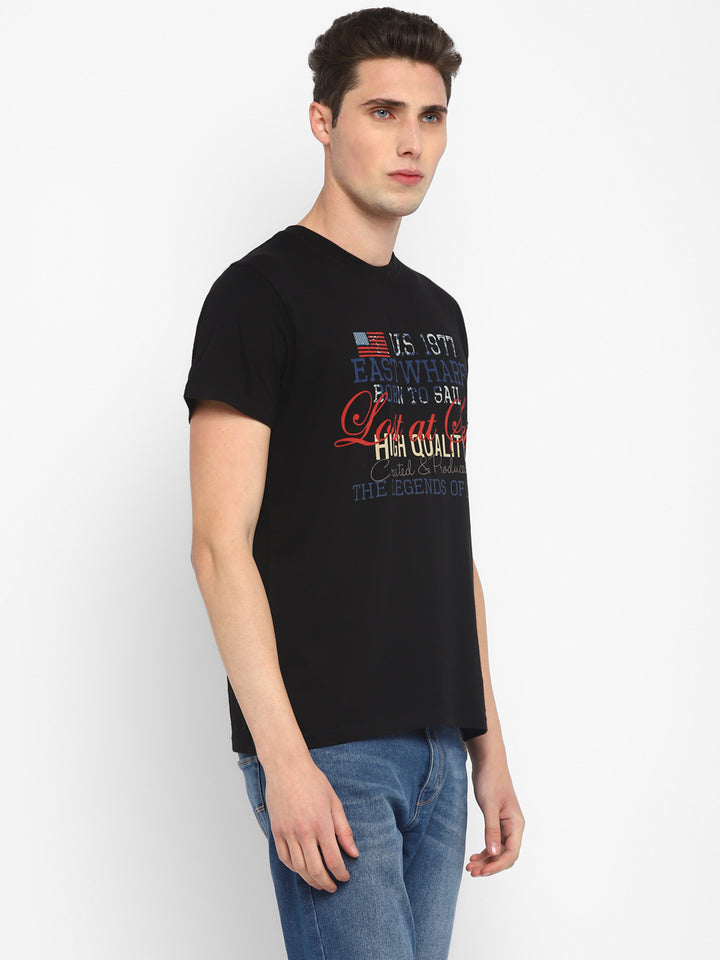 100% Cotton Printed Round Neck T-Shirt for Men - Black