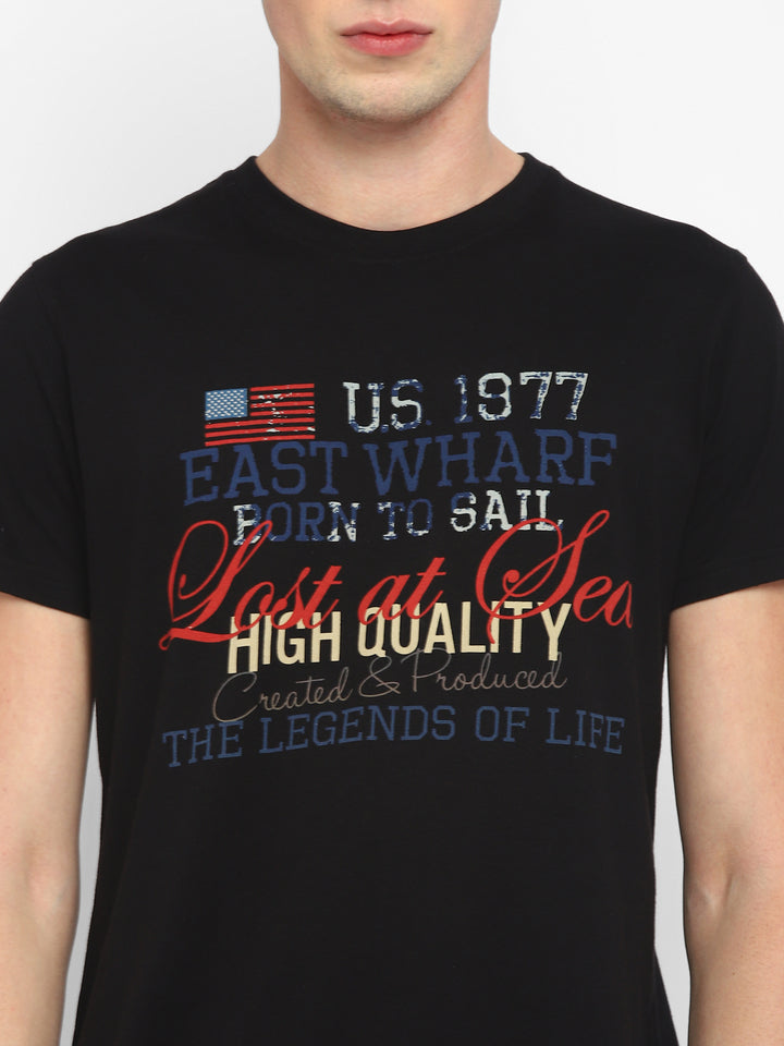 100% Cotton Printed Round Neck T-Shirt for Men - Black