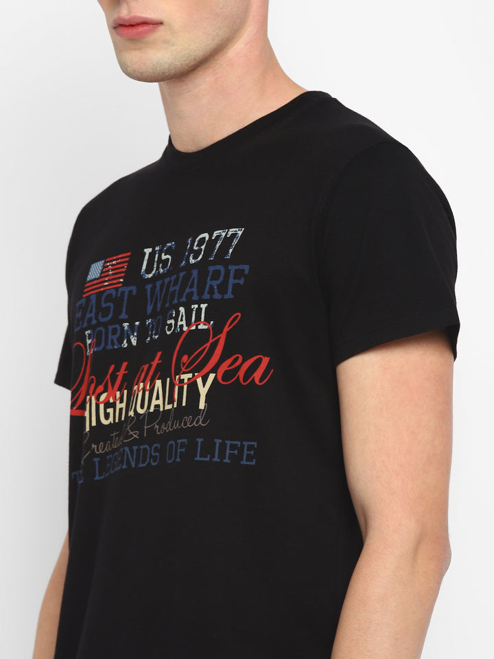 100% Cotton Printed Round Neck T-Shirt for Men - Black