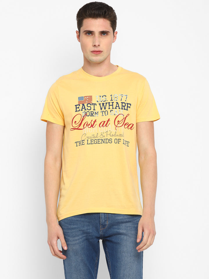 100% Cotton Printed Round Neck T-Shirt for Men - Light Yellow