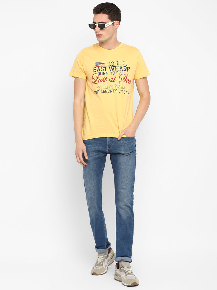 100% Cotton Printed Round Neck T-Shirt for Men - Light Yellow