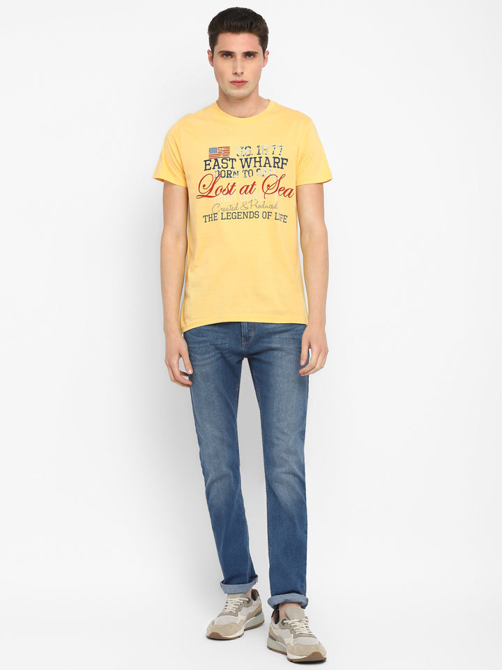 100% Cotton Printed Round Neck T-Shirt for Men - Light Yellow