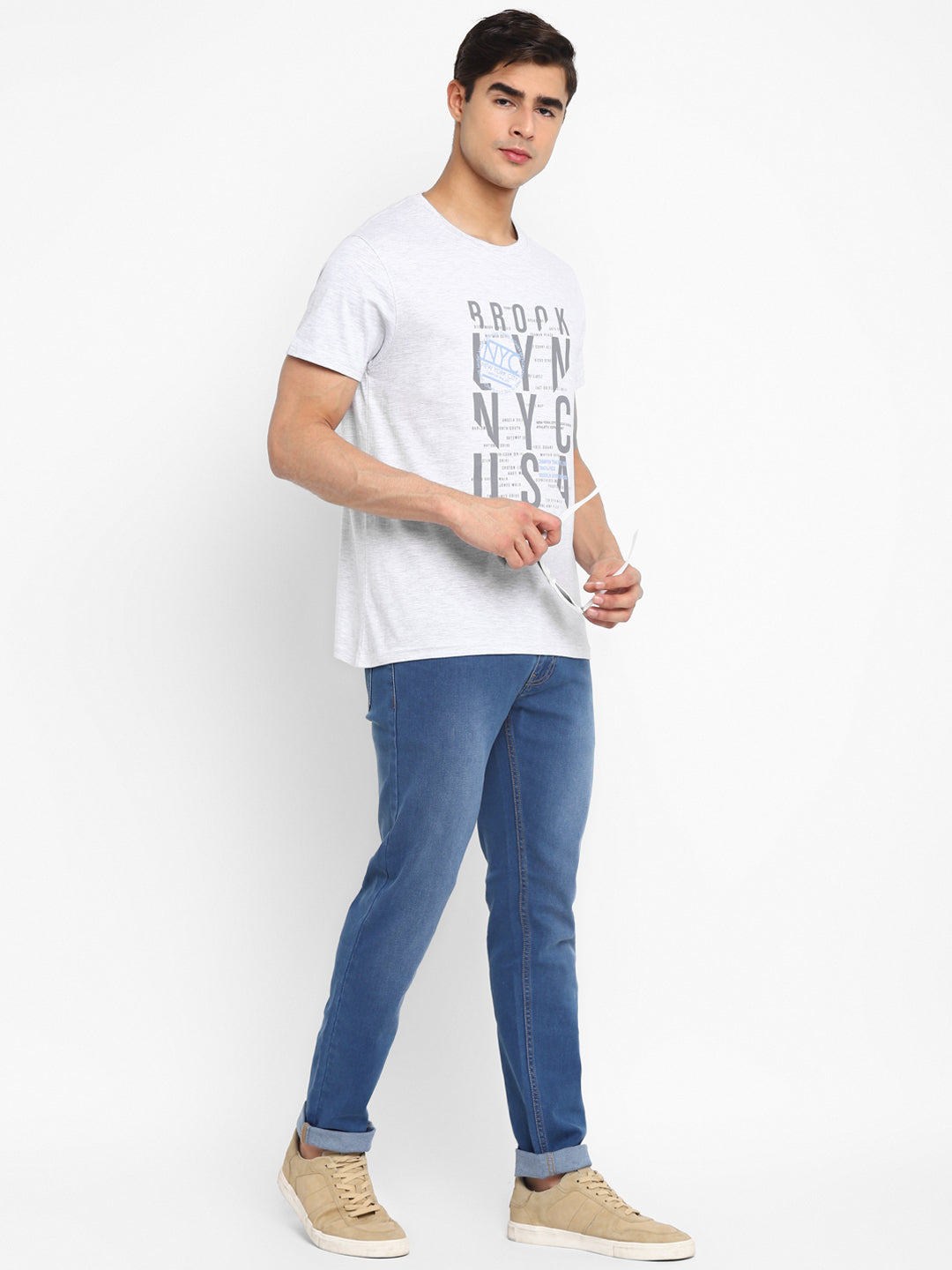Printed Round Neck T-Shirt for Men - Ecru Melange