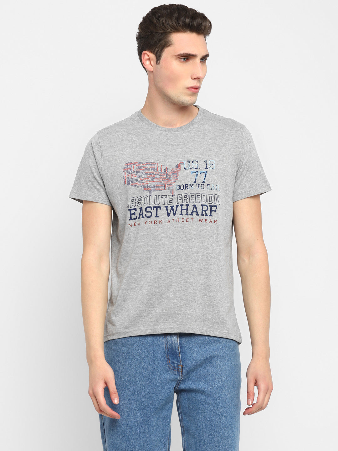Printed Round Neck T-Shirt for Men - Grey Melange