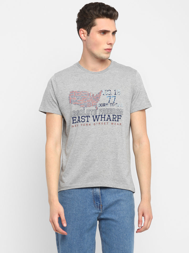 Printed Round Neck T-Shirt for Men - Grey Melange