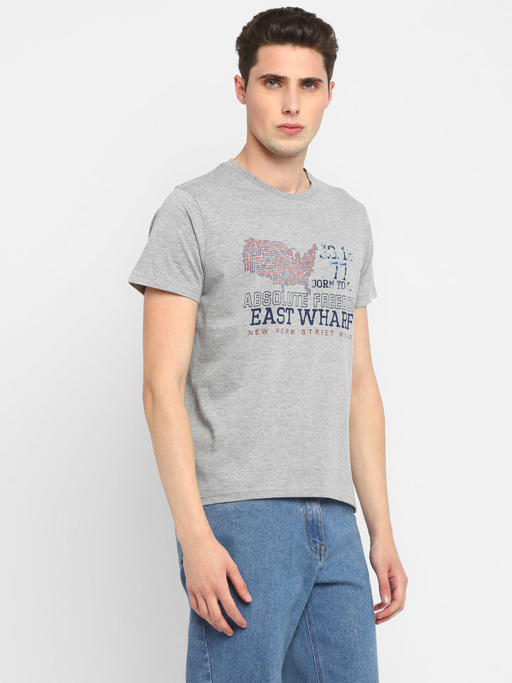 Printed Round Neck T-Shirt for Men - Grey Melange