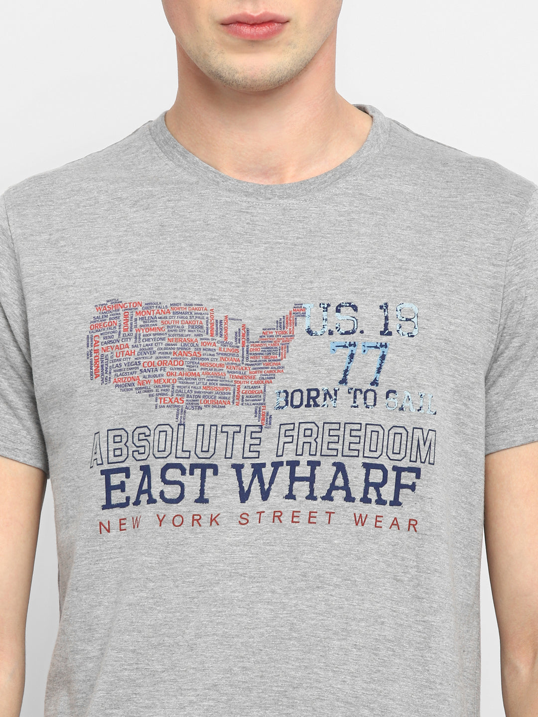 Printed Round Neck T-Shirt for Men - Grey Melange