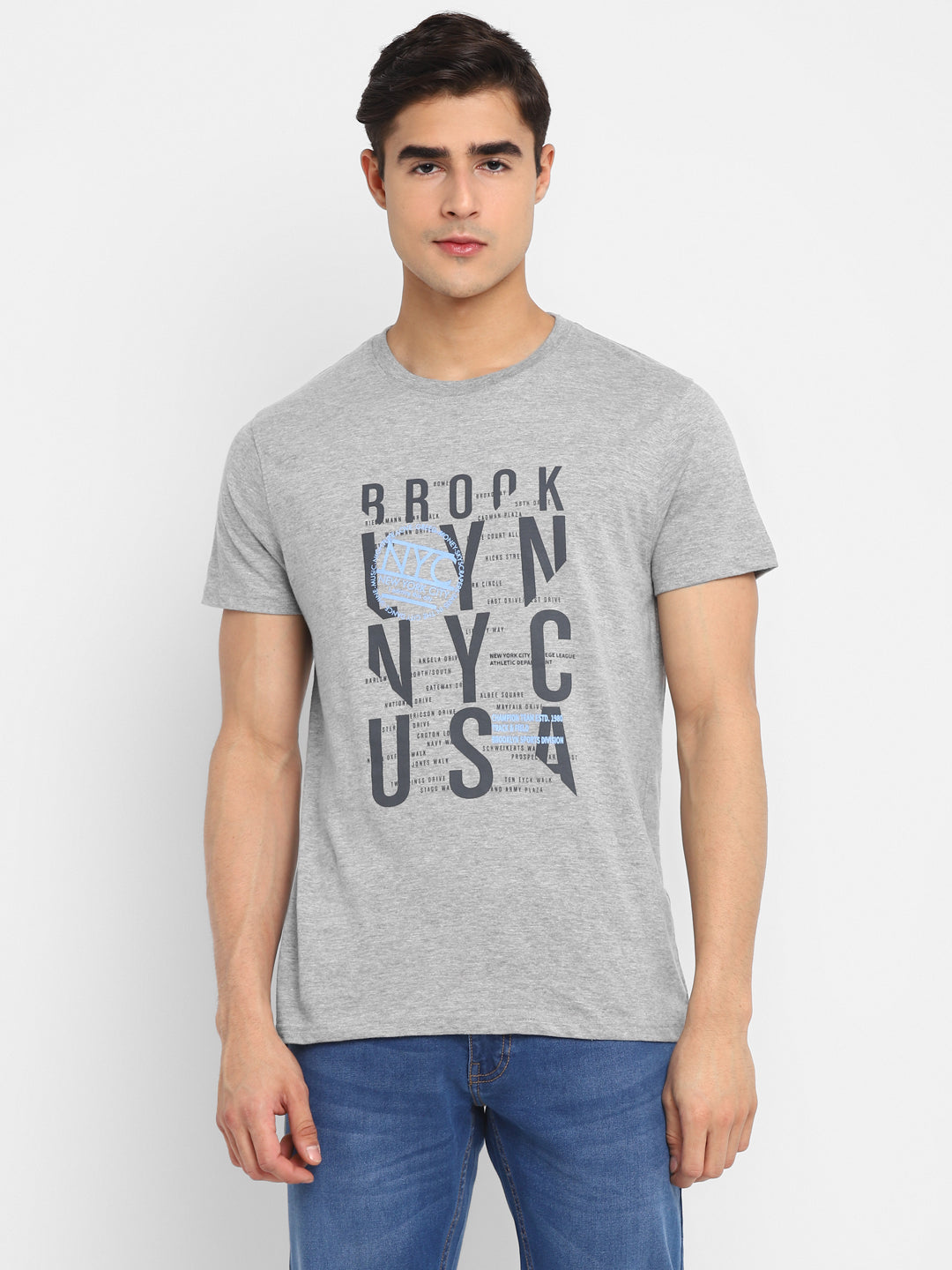 Printed Round Neck T-Shirt for Men - Grey Melange