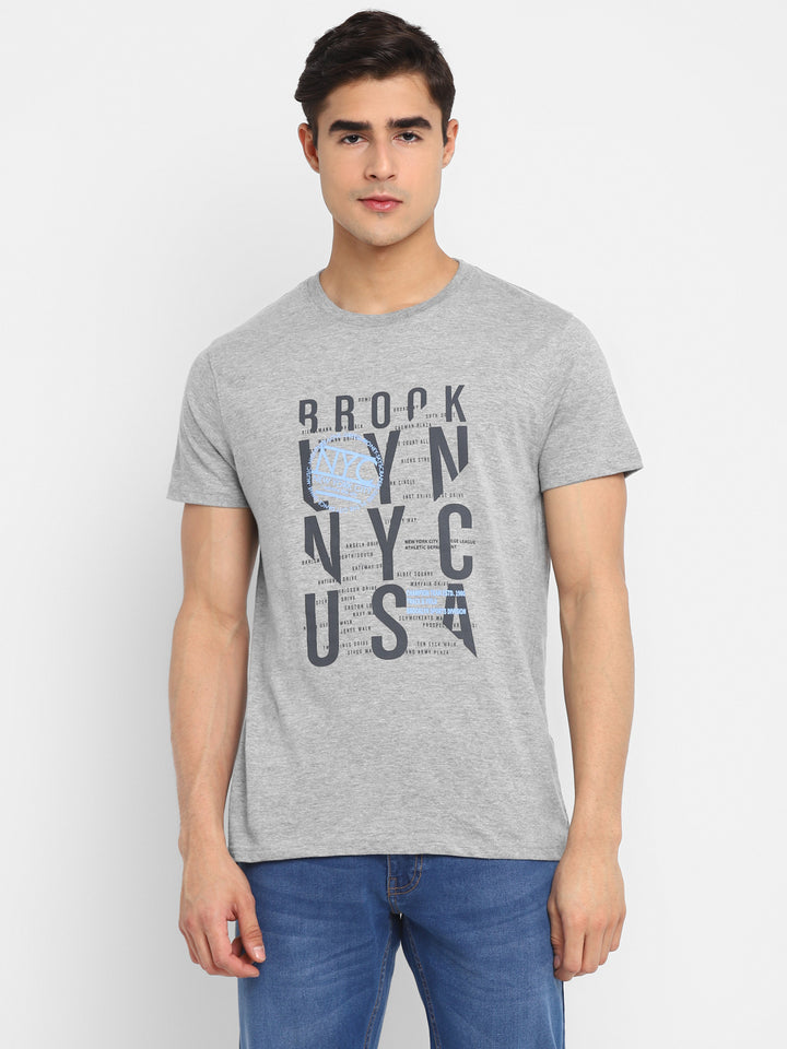 Printed Round Neck T-Shirt for Men - Grey Melange