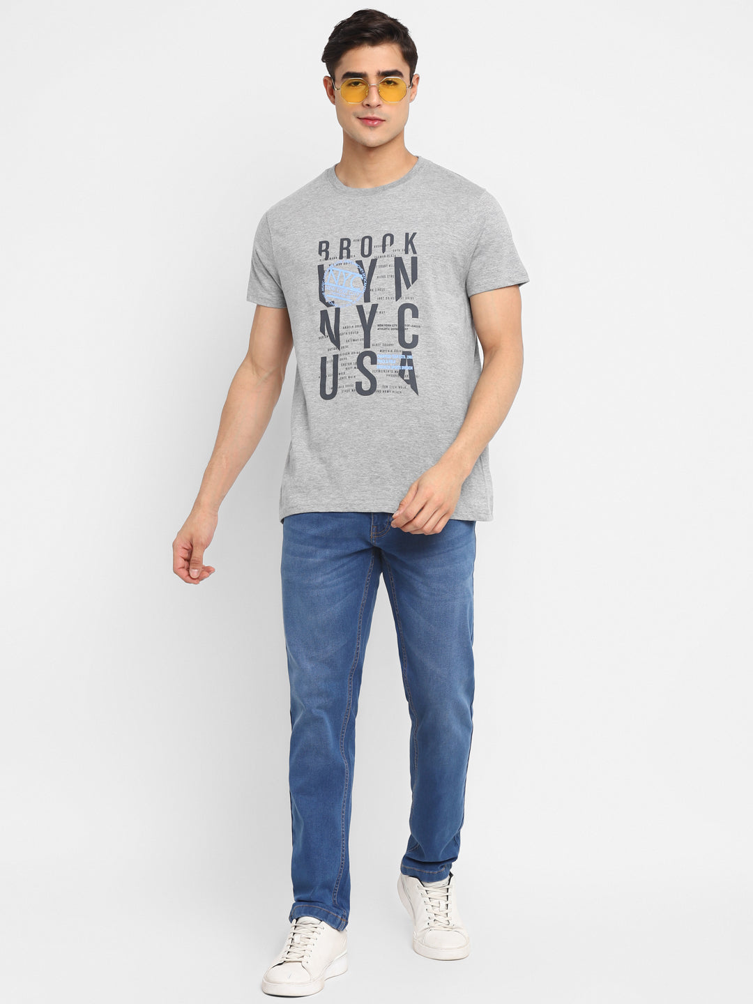 Printed Round Neck T-Shirt for Men - Grey Melange