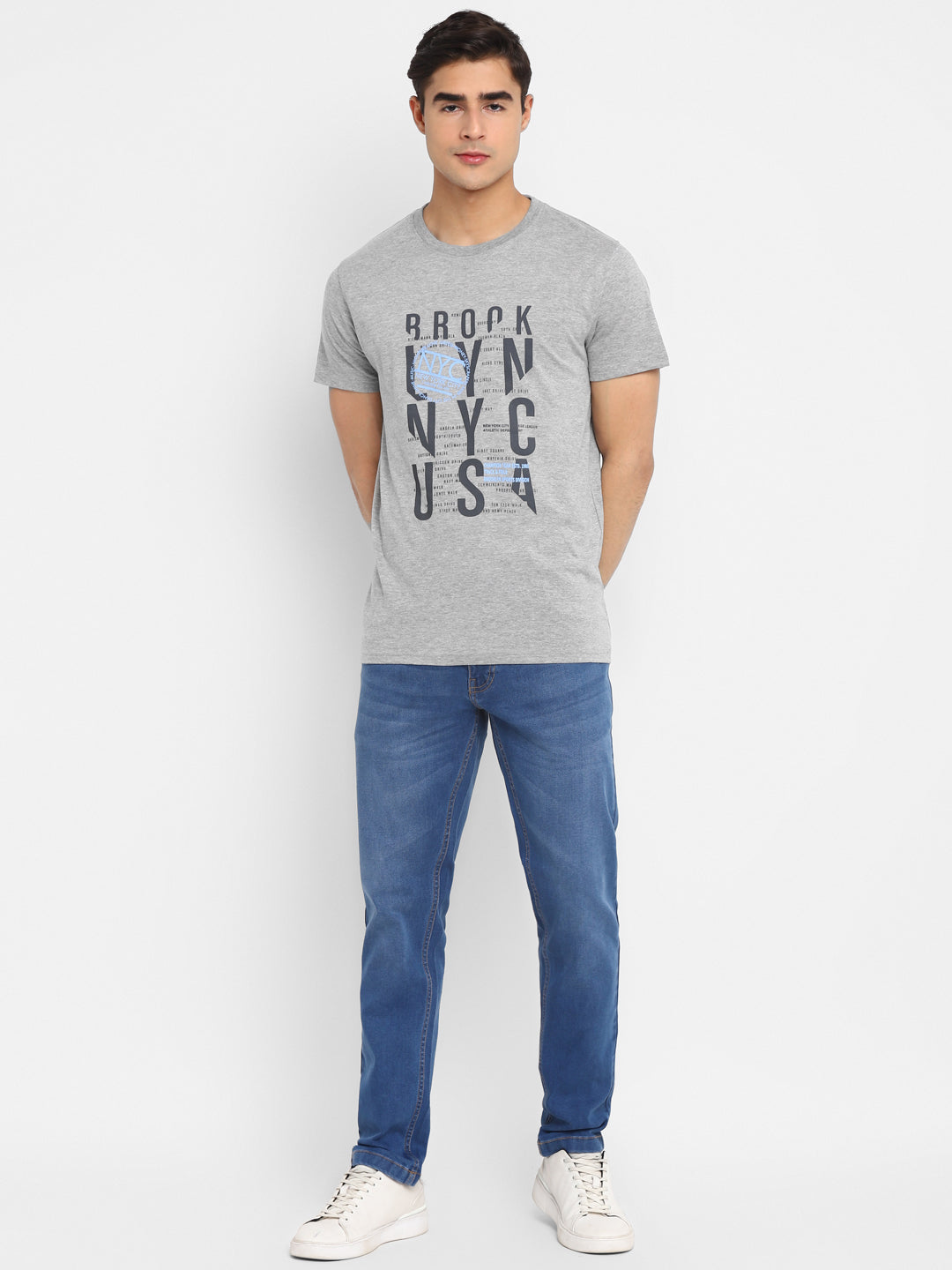 Printed Round Neck T-Shirt for Men - Grey Melange