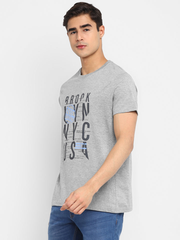Printed Round Neck T-Shirt for Men - Grey Melange