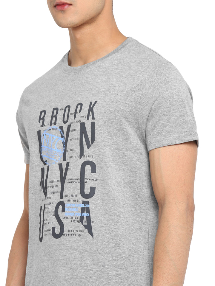 Printed Round Neck T-Shirt for Men - Grey Melange