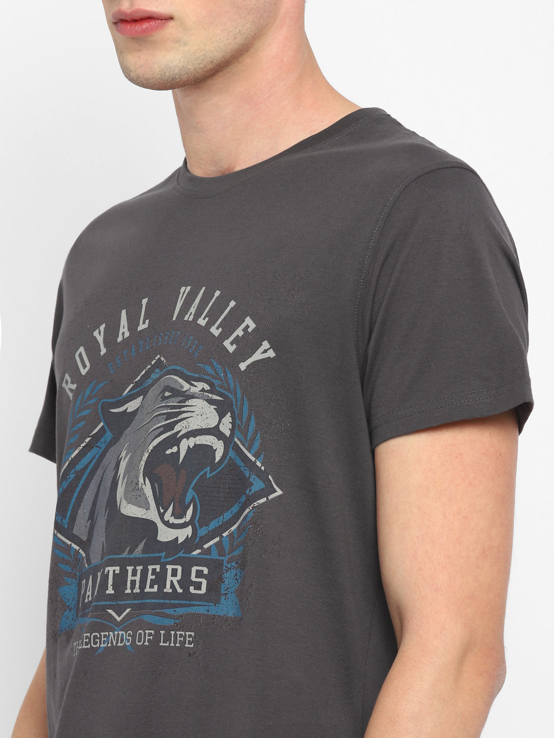 100% Cotton Printed Round Neck T-Shirt for Men - Gargoyle Grey